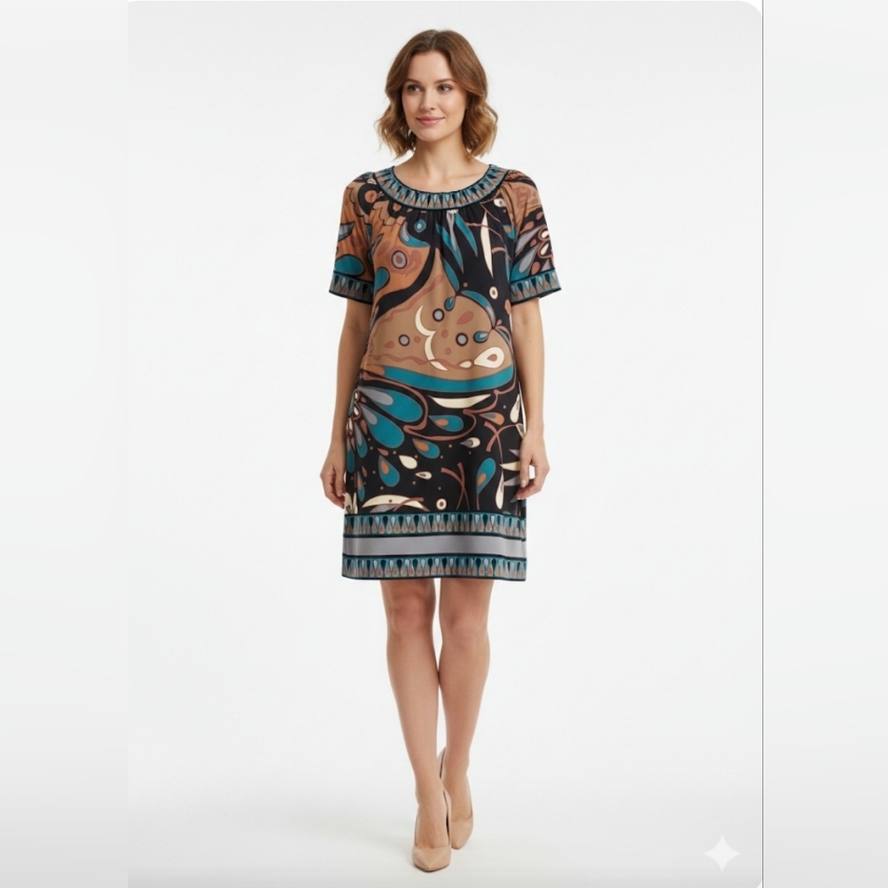 ​BCBGMAXAZRIA Avila Paisley Shift Mini Dress Turquoise Brown Size SP